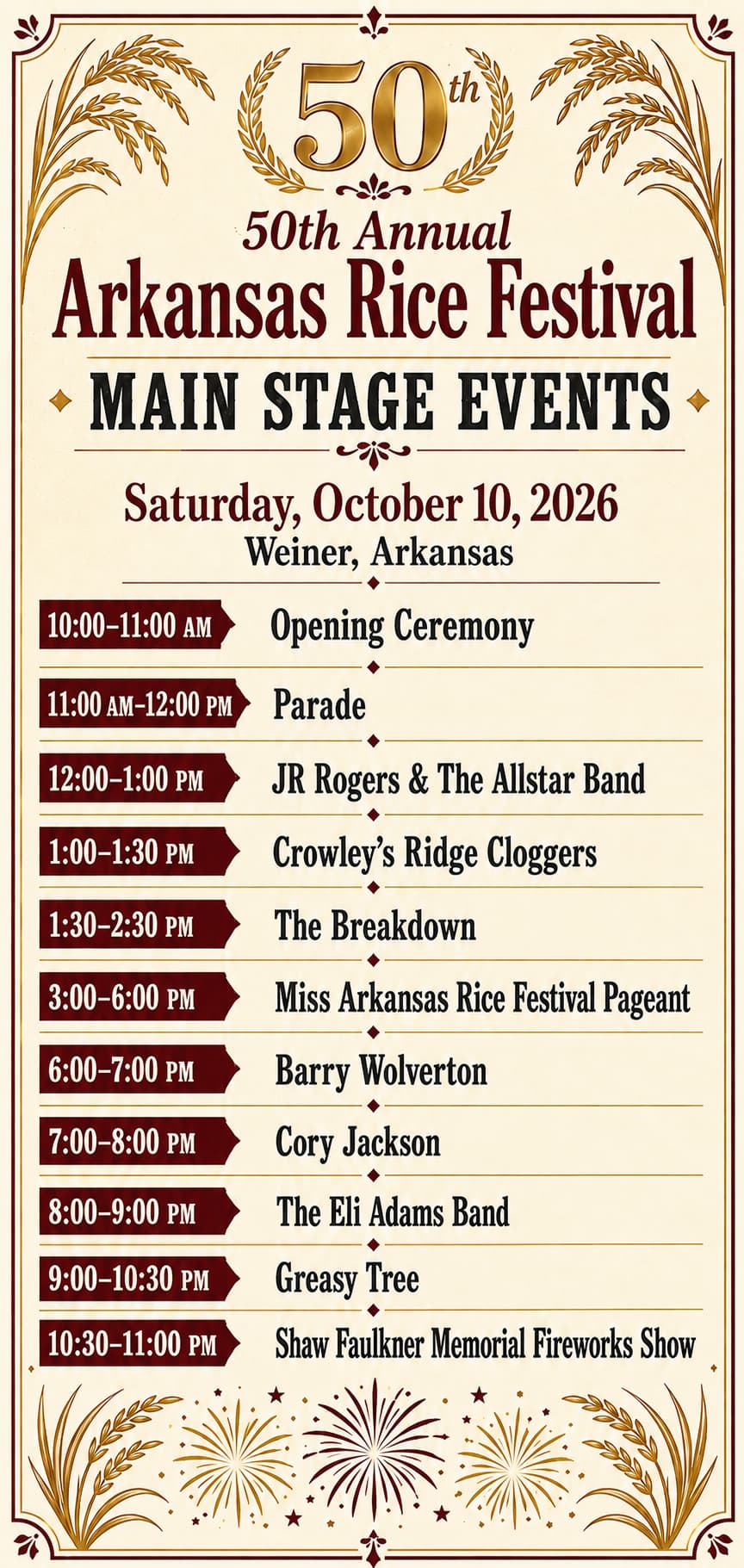 50th Annual Arkansas Rice Festival Main Stage Events, Saturday October 10, 2026